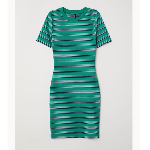 h&m green ribbed dress H&M Green Ribbed Knit Button Front Round Neck A-Line Short Dress M